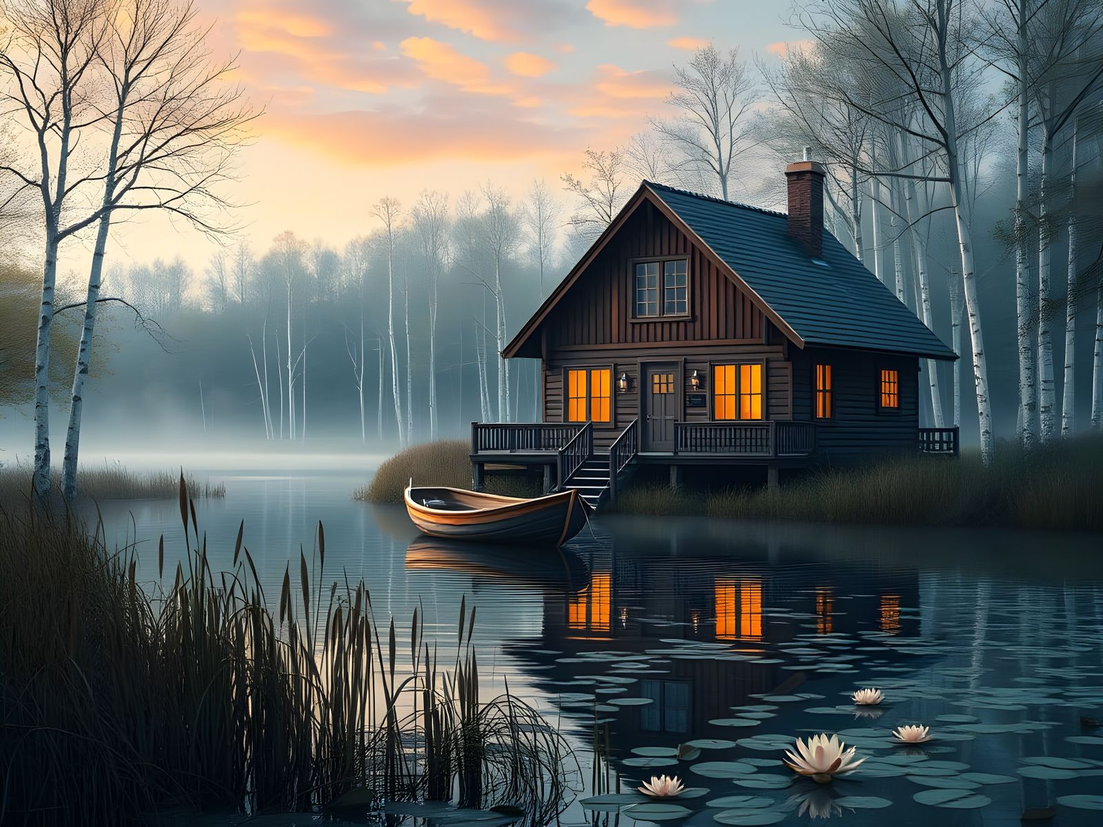Serene Lakeside House in Hyperrealistic Style