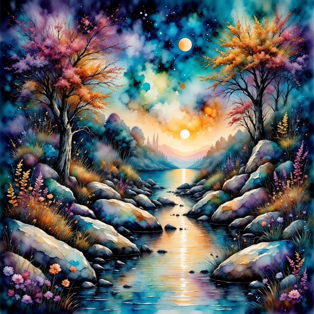 Watercolor Space Station in Nebula with Gold Highlights