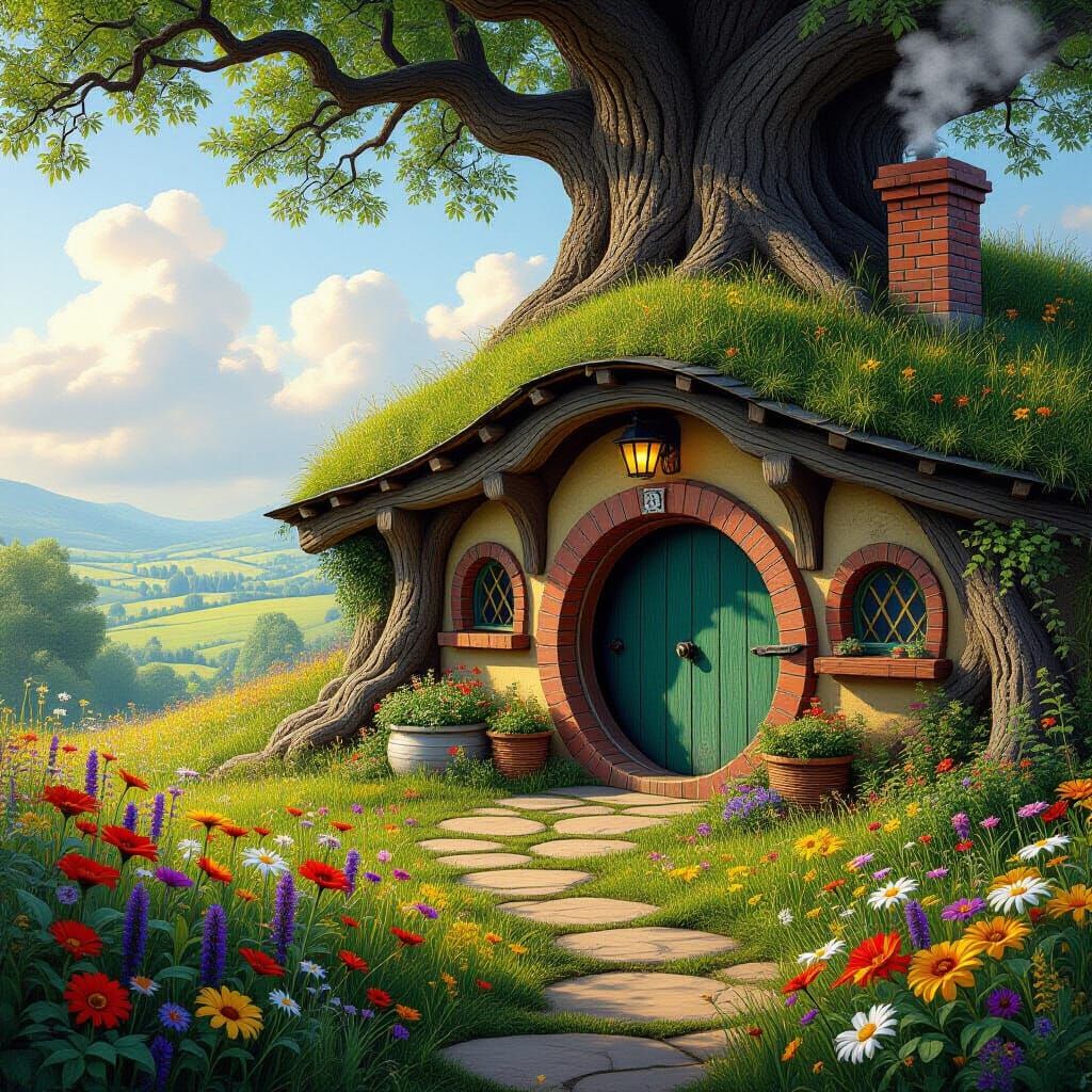 Enchanting Hobbit Hole in Surreal Mixed Media Style