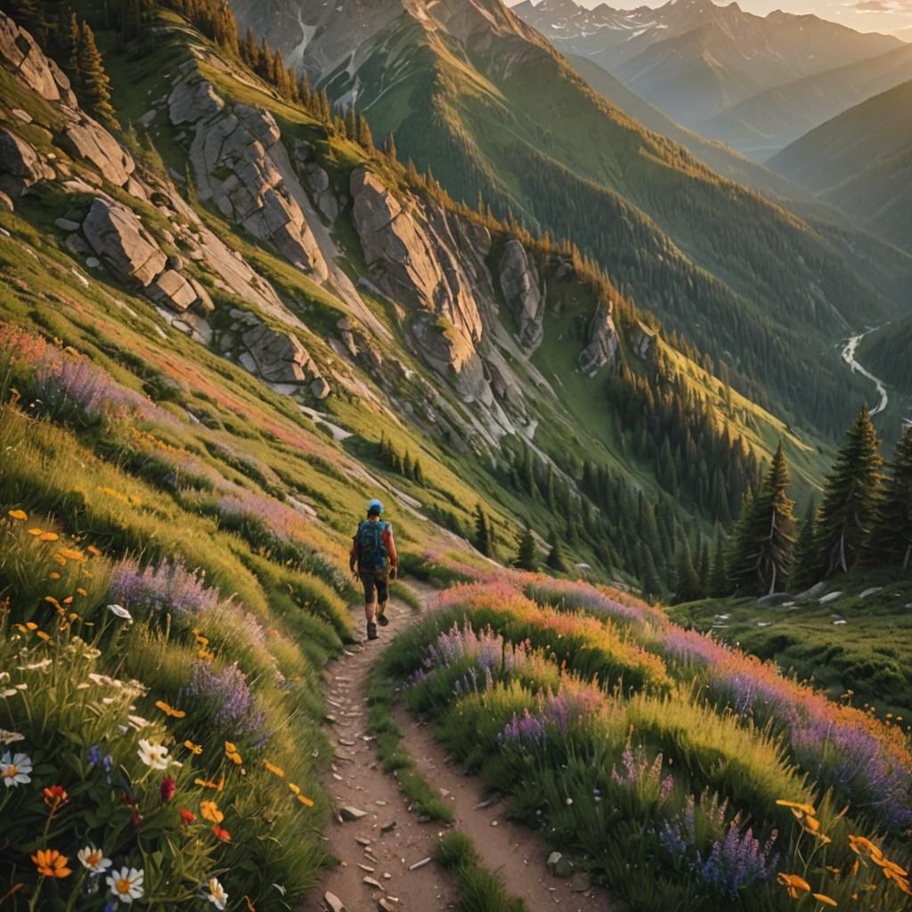 Hiker on Mountain Trail with Vibrant Wildflowers