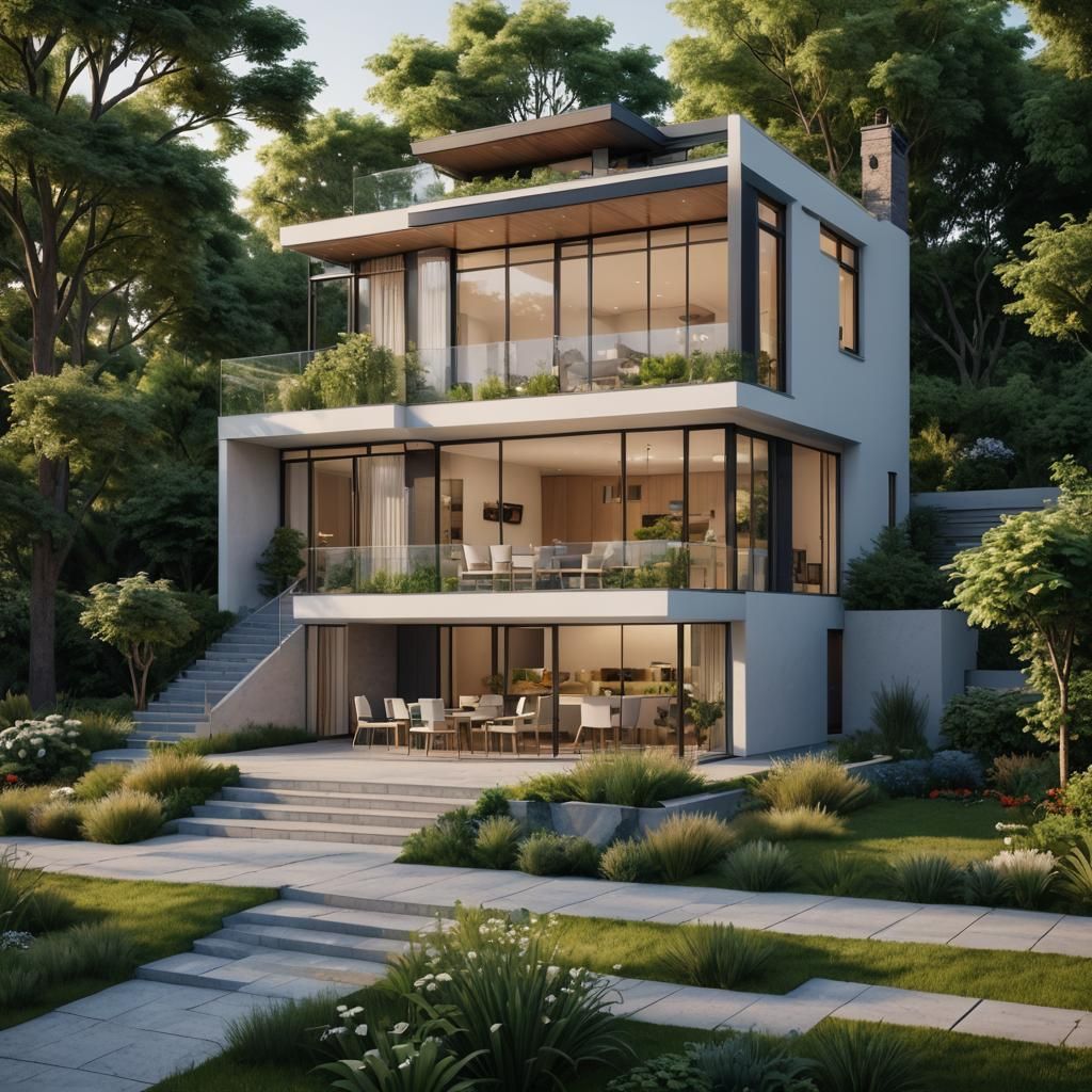 Modern Minimalist House with Lush Garden in Evening Light