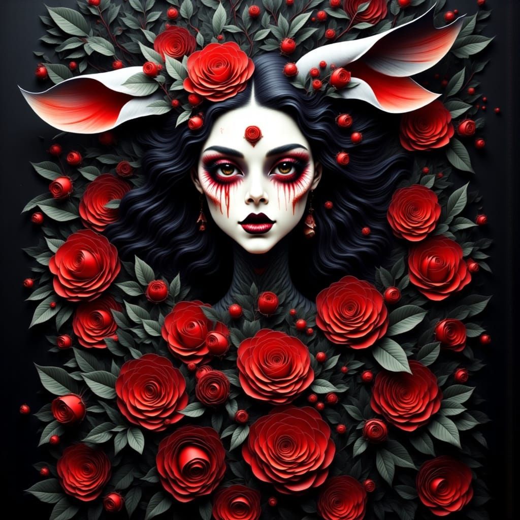 Demonic Rabbit Lady with Roses in Cubist Style