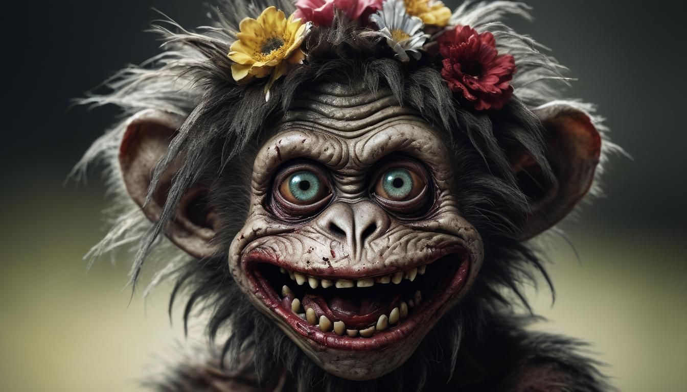 Cute Zombie Monkey Clown Hybrid with Flower Eyes Smiling Clo...