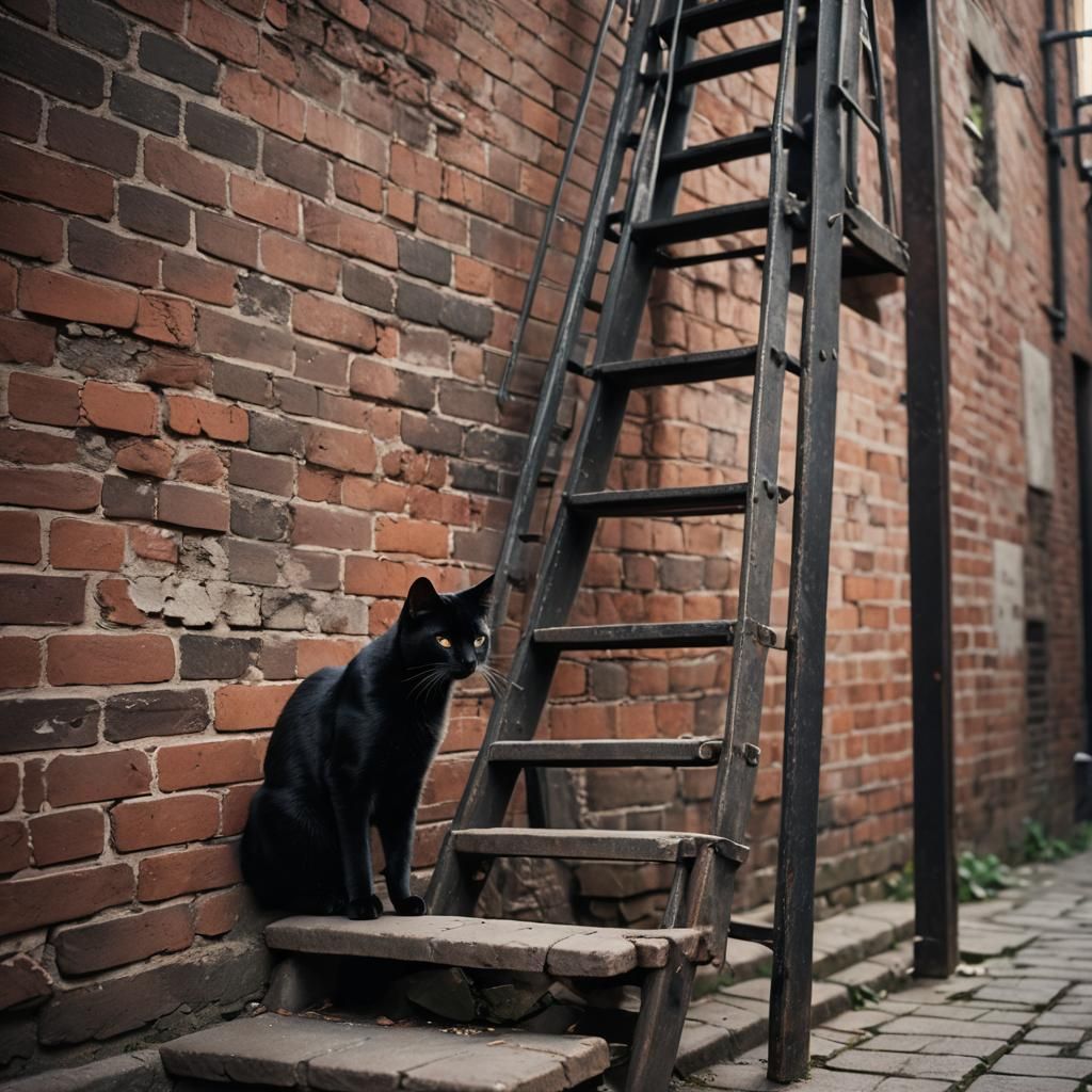 Black Cat Under Ladder in Film Noir Style