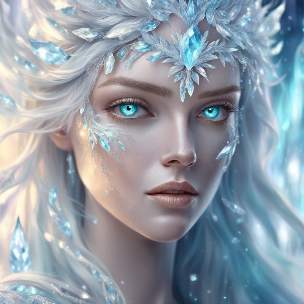 Icy Crystal Woman with Glowing Eyes, Digital Art