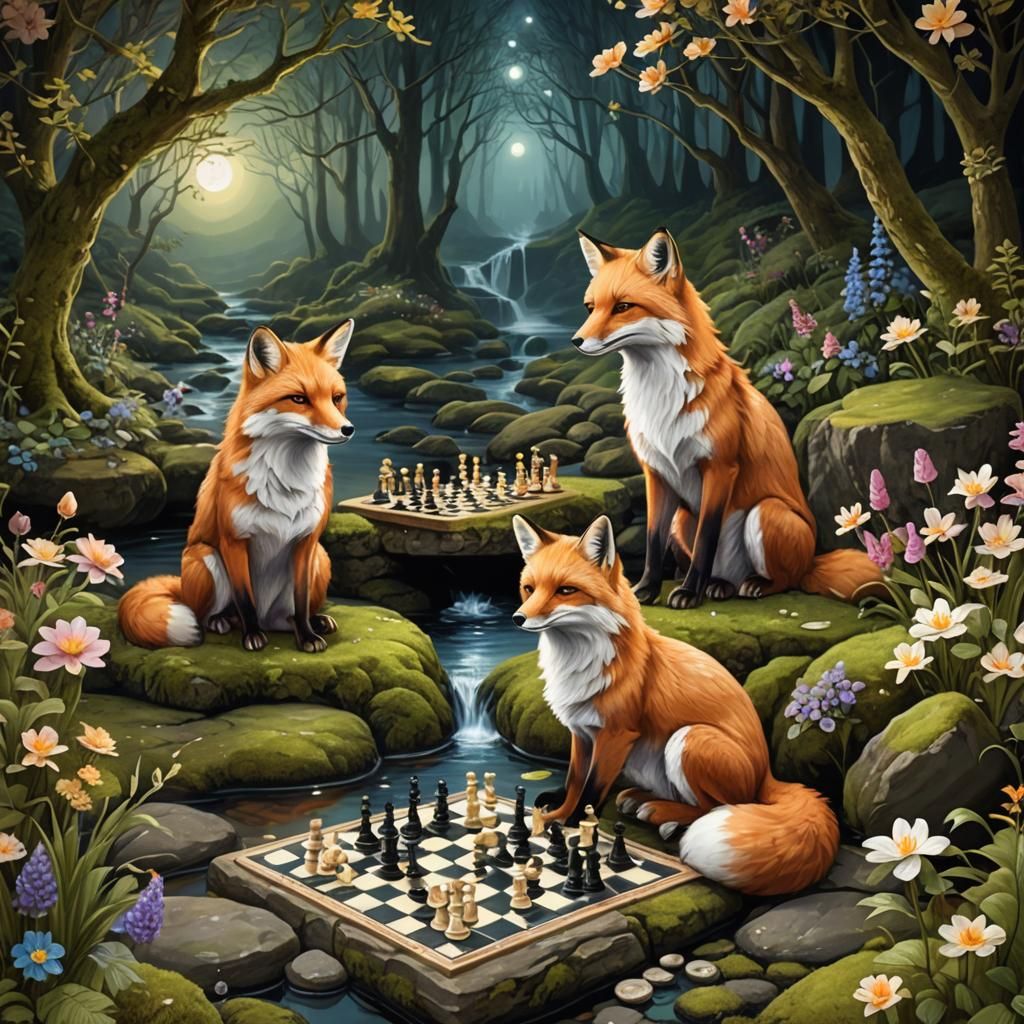 Magical Fox Plays Chess in Enchanted Forest