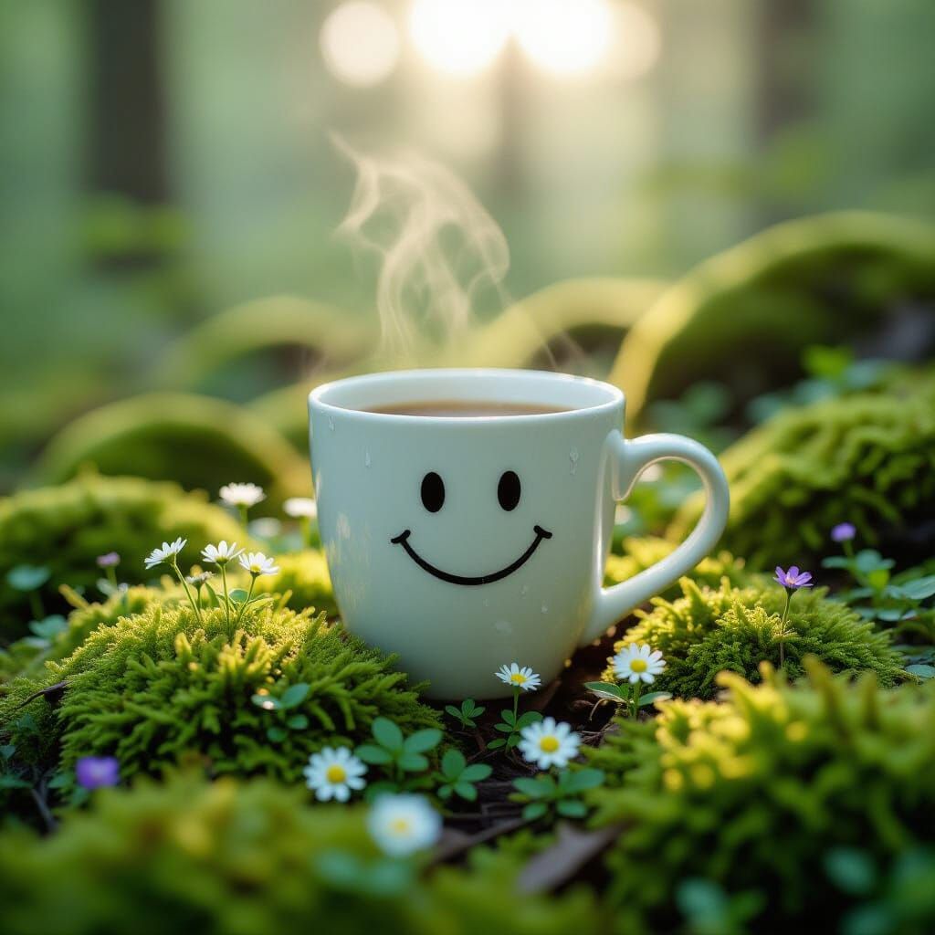 Coffee Cup in Mossy Woodland, Cinematic Still