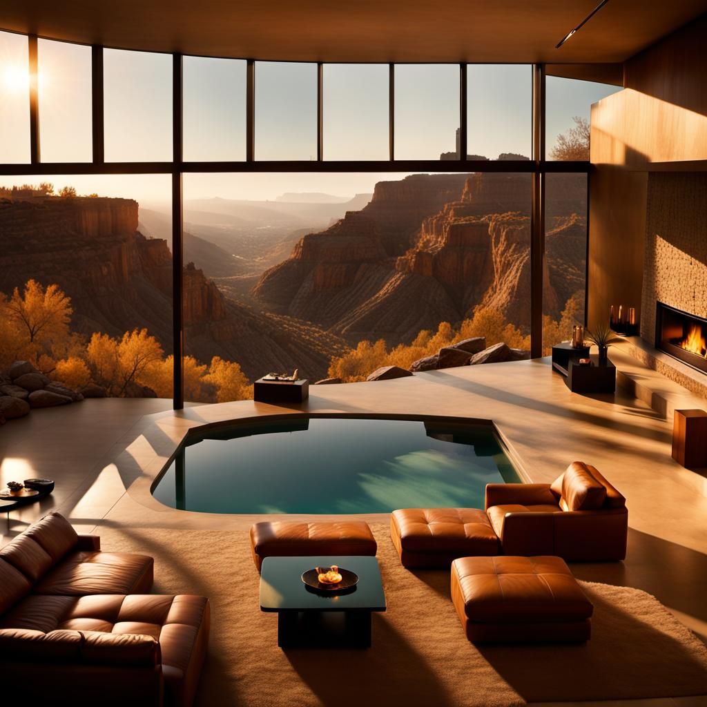 Cliffside Living Room with Waterfall in Gursky Style