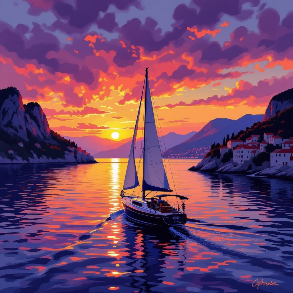 Yacht on Mediterranean Coast at Vibrant Sunset