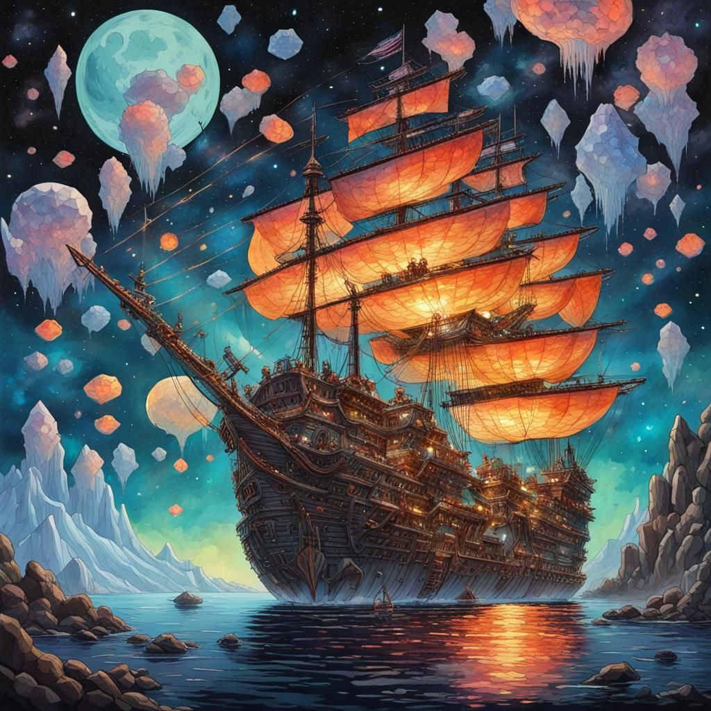 Floating Pirate Ship with Crystals in Gouache Style