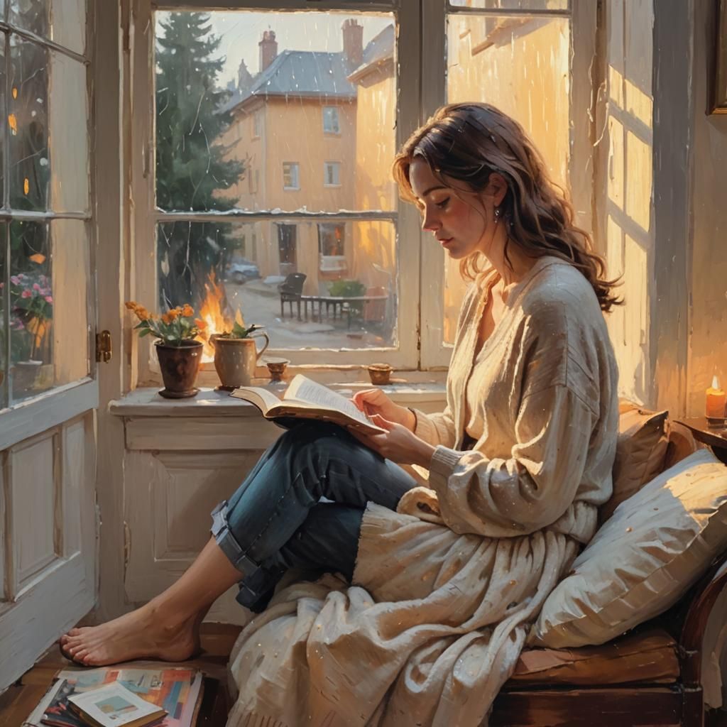 Cozy Home: Impressionist Woman Reading by Fire