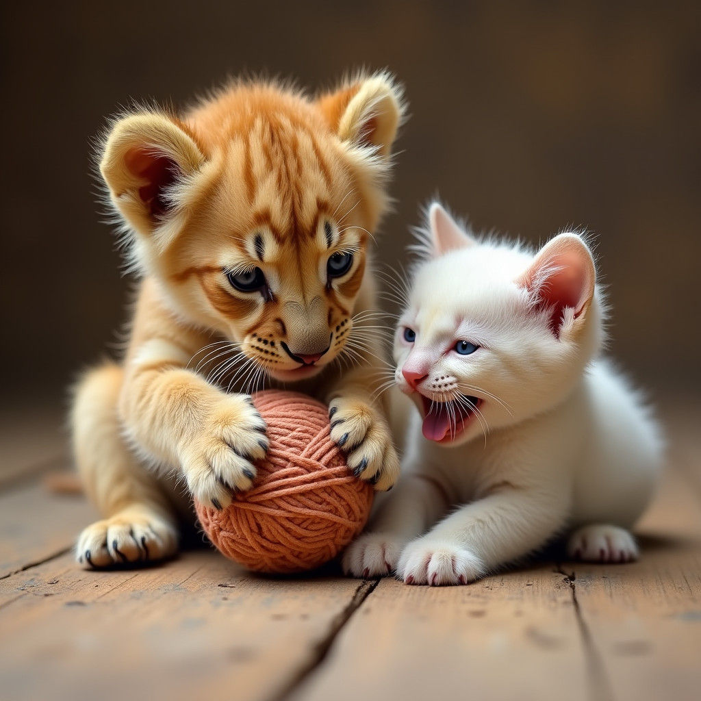 Lion Cub and Kittens Playing with Yarn