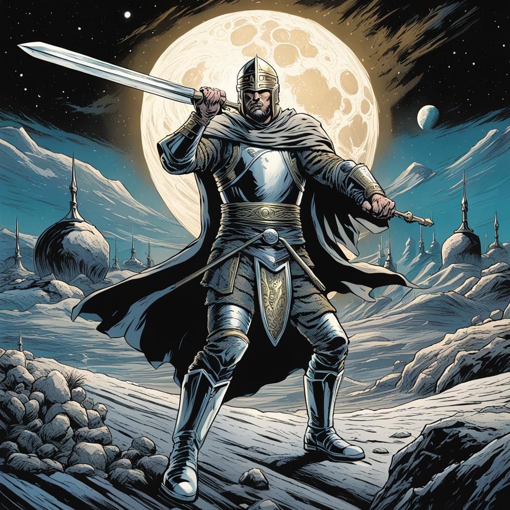 King Arthur Battles on Saturn in Comic Book Art