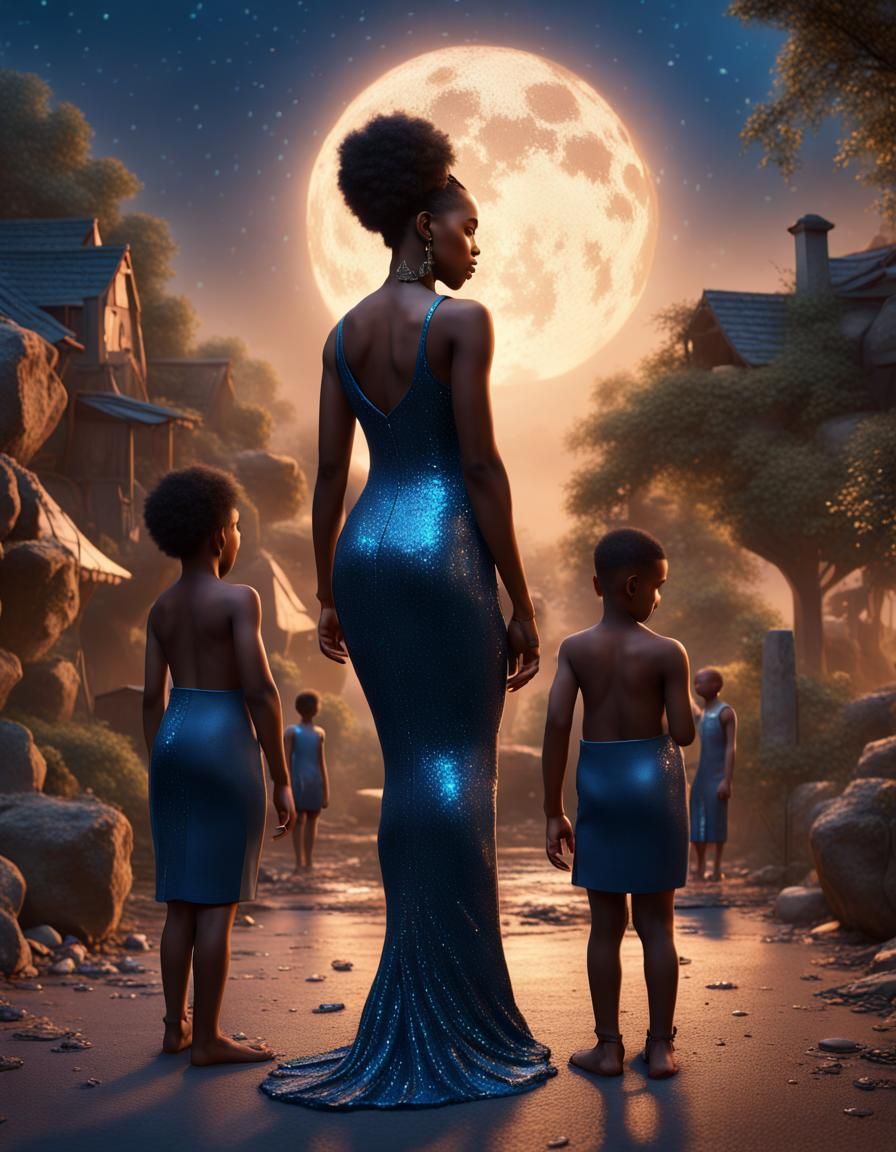 Azure Dress: Woman and Twin Boys on Starry Night