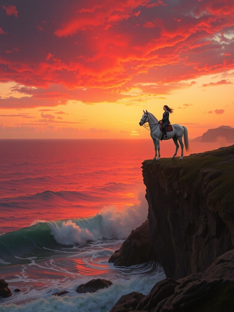 Person on White Horse Overlooking Ocean at Sunset