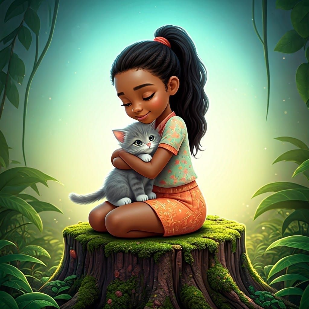 Girl with Kitten in Lush Pixar-esque Environment