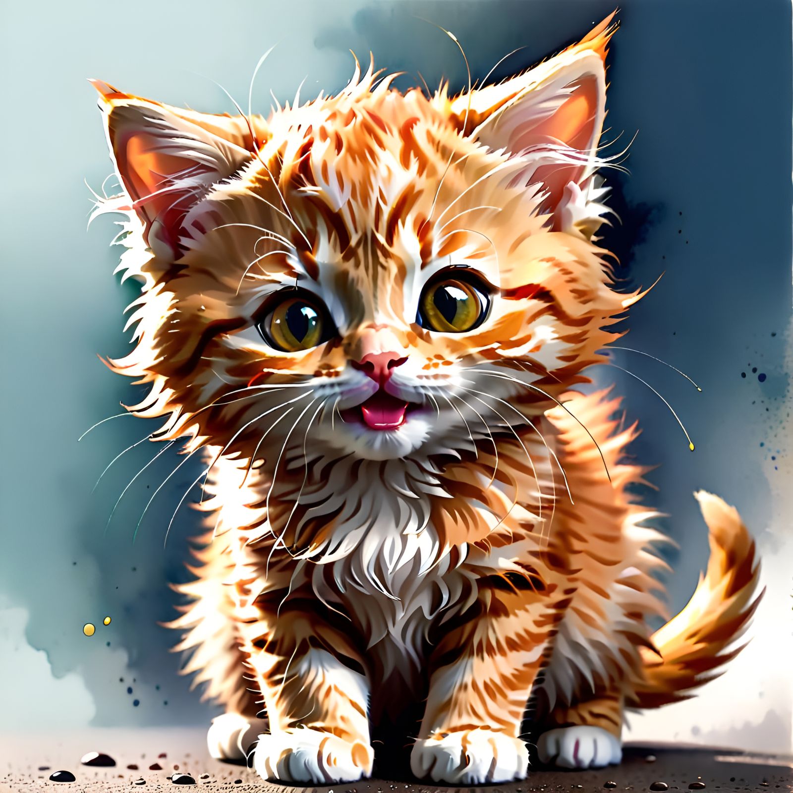 Fluffy Ginger Kitten Wants Hugs: Watercolour Art