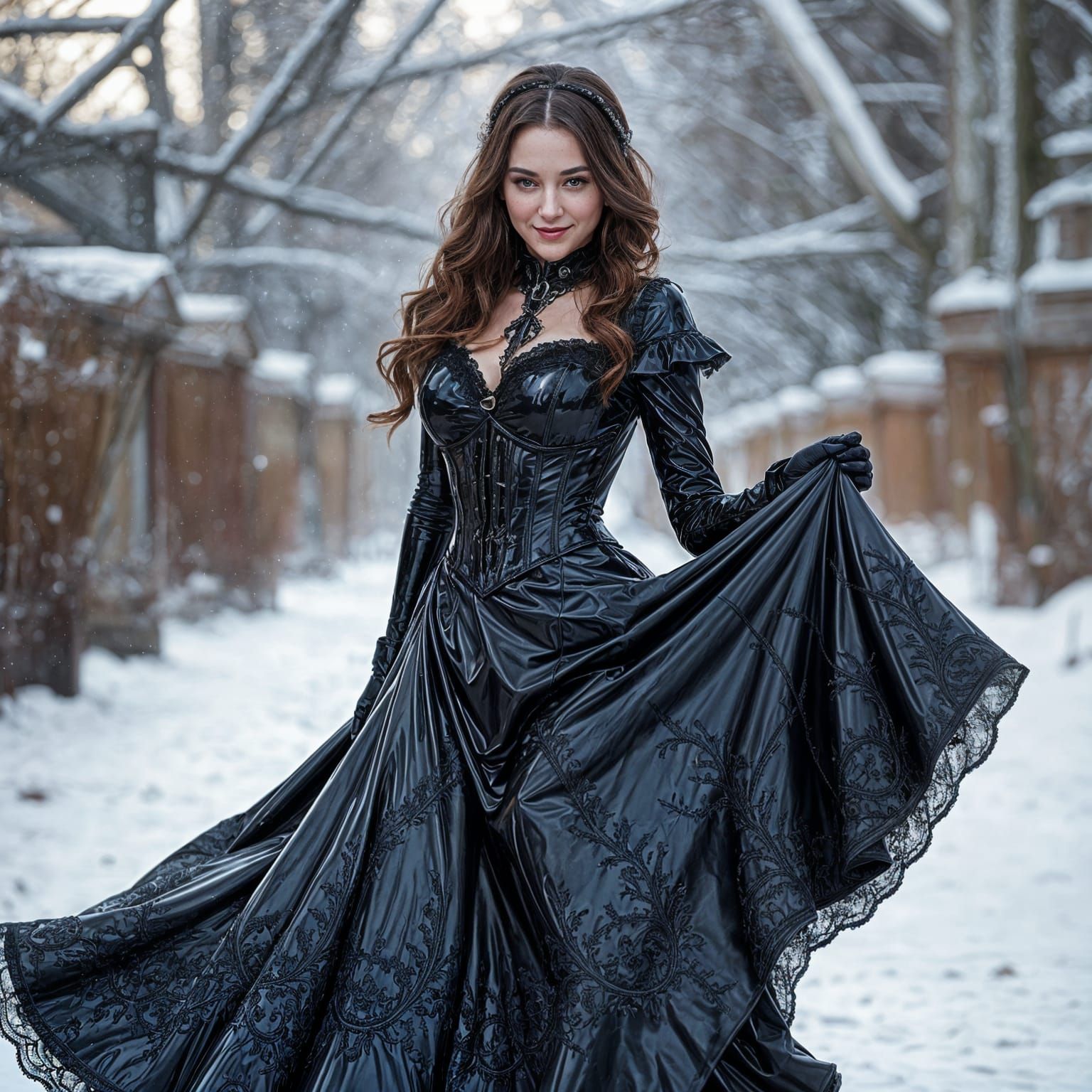 Woman in Latex Victorian Dress in Snow