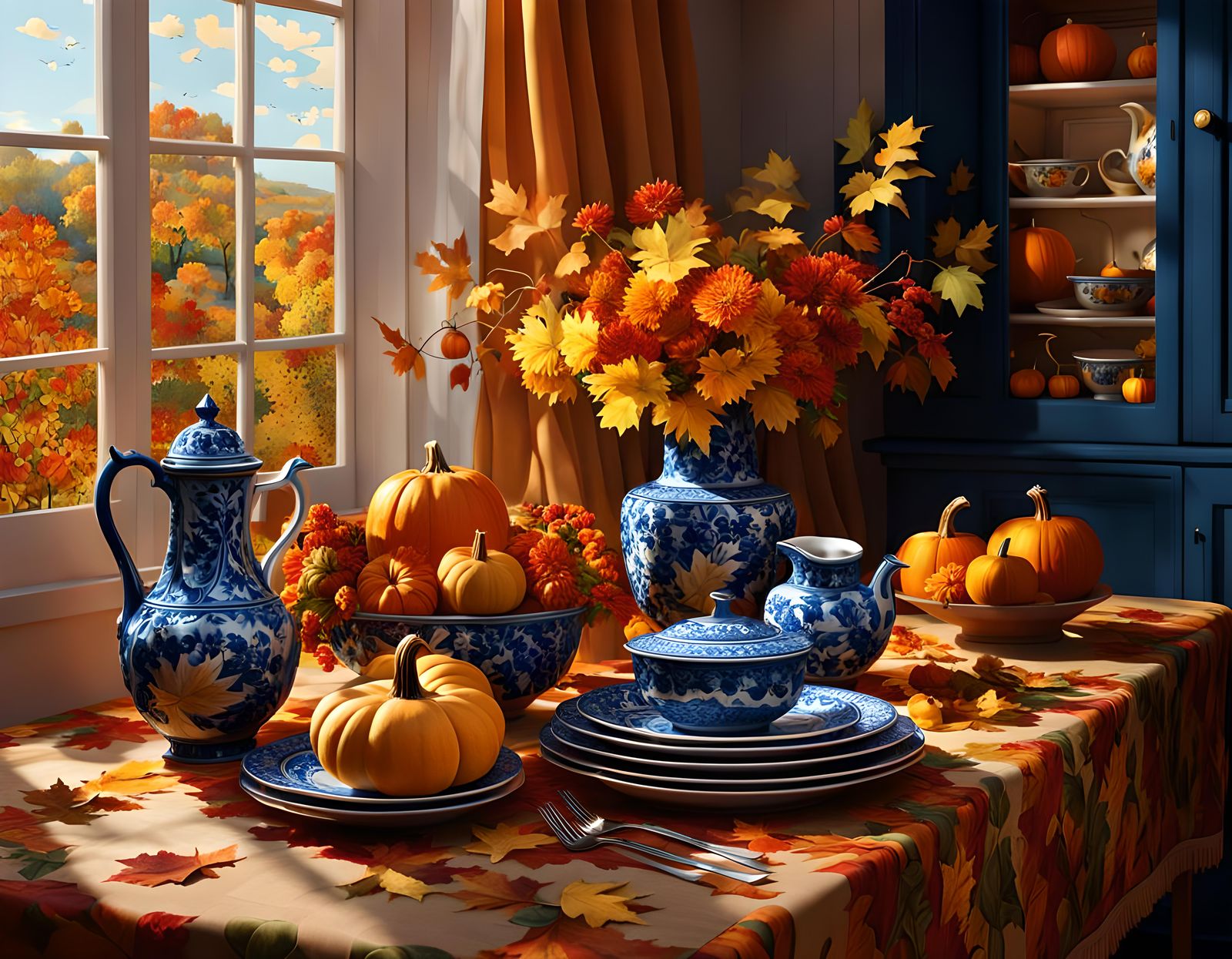 Autumn Still Life with Flowers and Ceramics