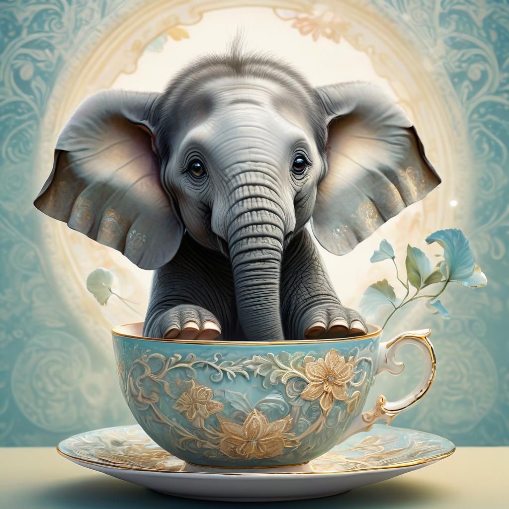 Baby Elephant in Teacup: Whimsical Pastel Illustration