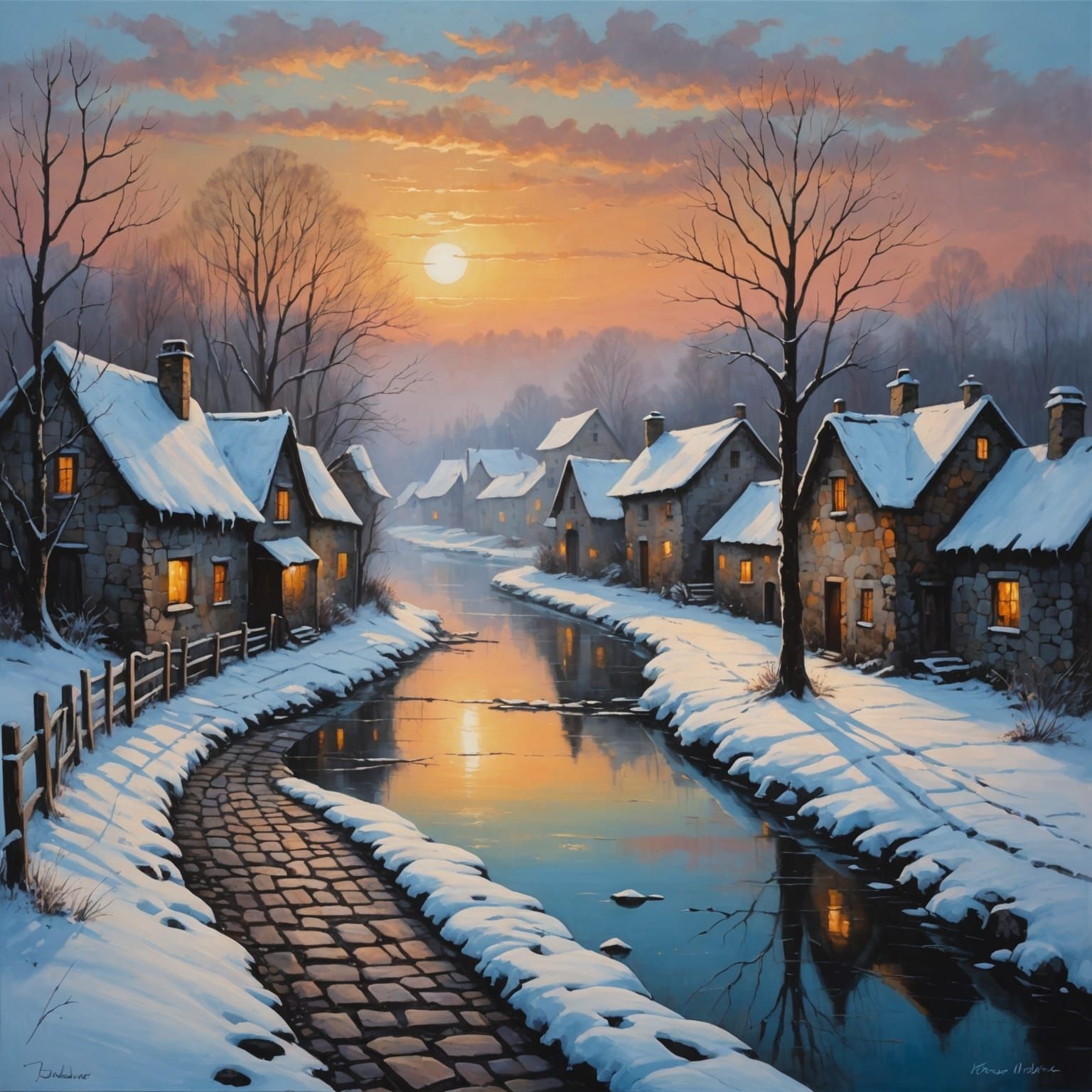 Winter Village Alley in Noir Acrylic Painting