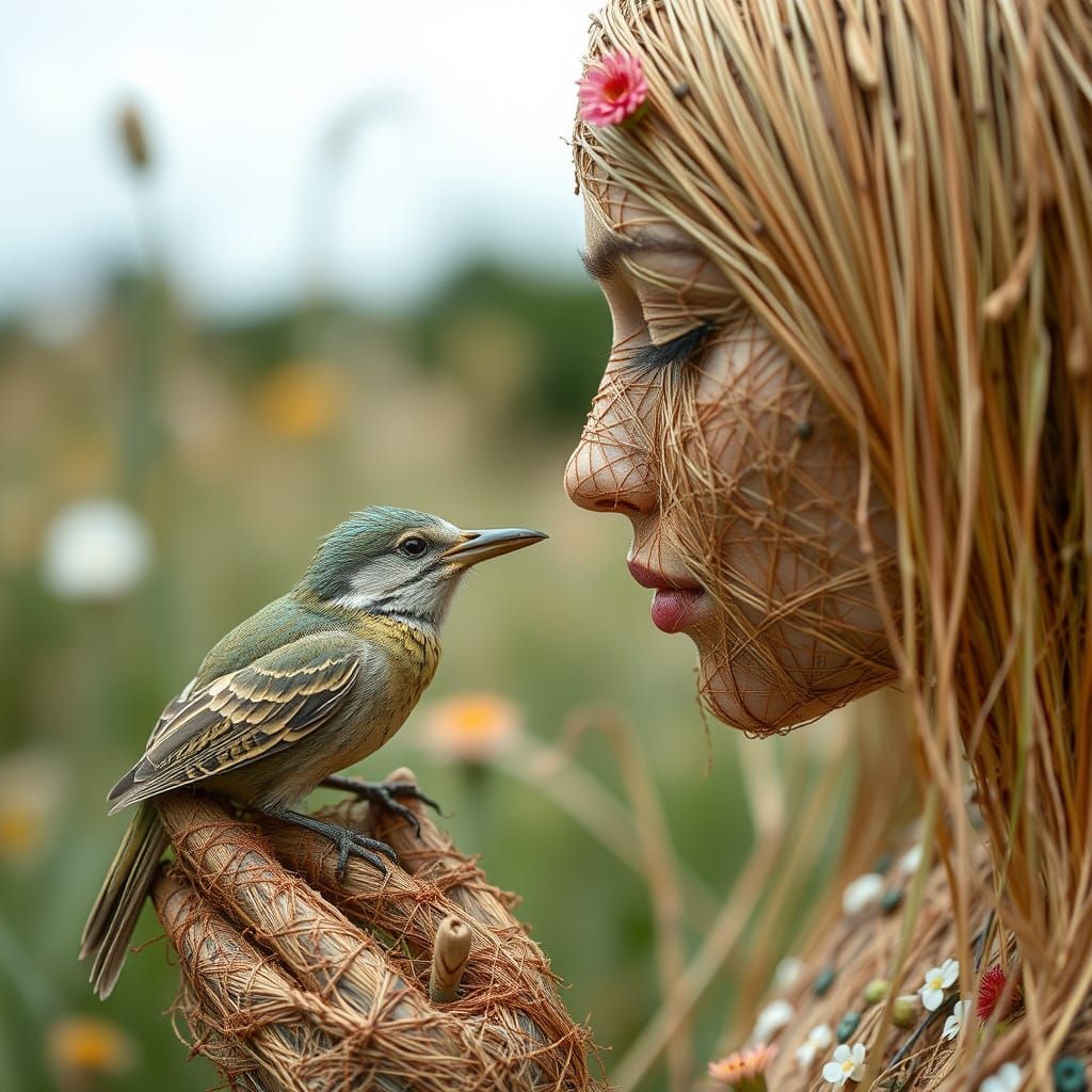 String Woman Kissing Bird: Eco-Art Portrait