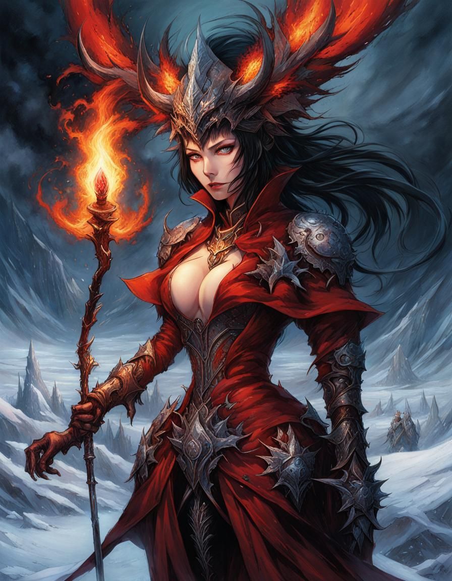 Demonic Pyromancer in Frozen Wasteland: Dark Fantasy Art