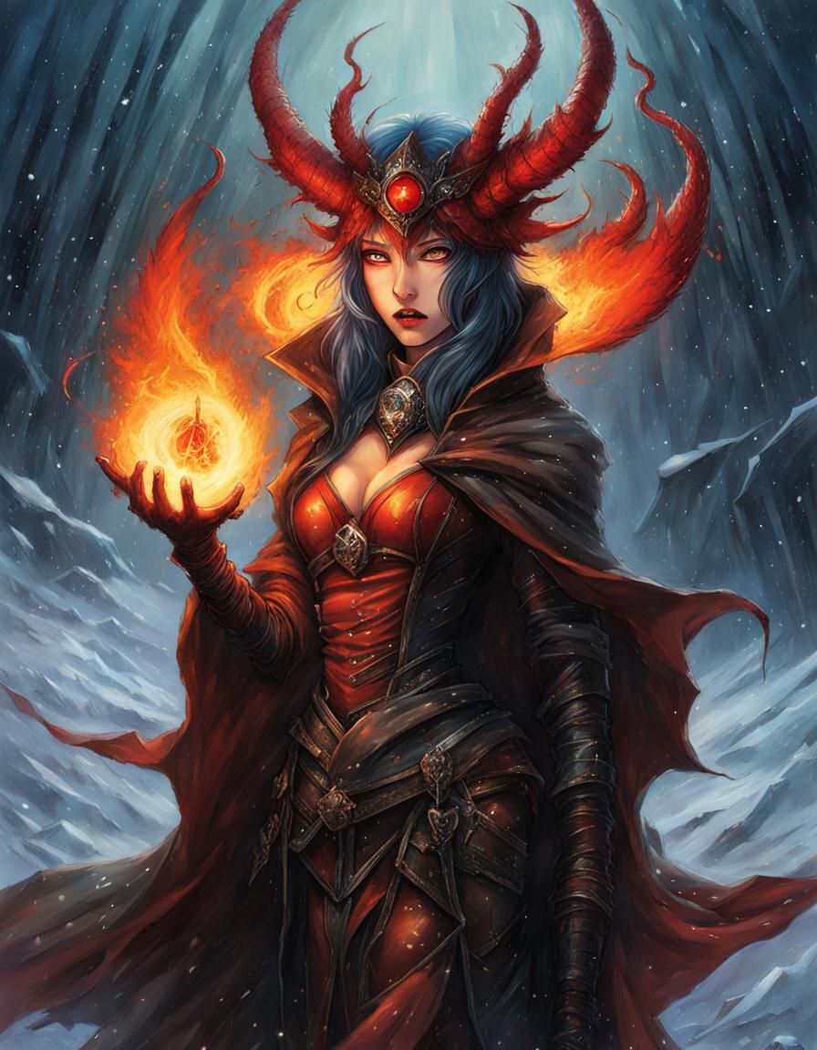 Demonic Pyromancer in Frozen Wasteland: Dark Fantasy Art