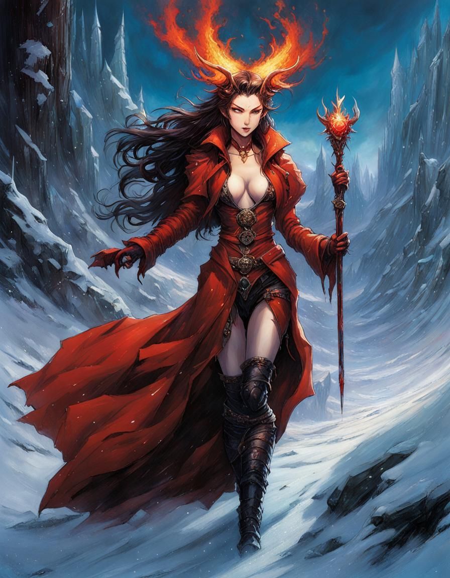 Demonic Pyromancer in Frozen Wasteland: Dark Fantasy Art