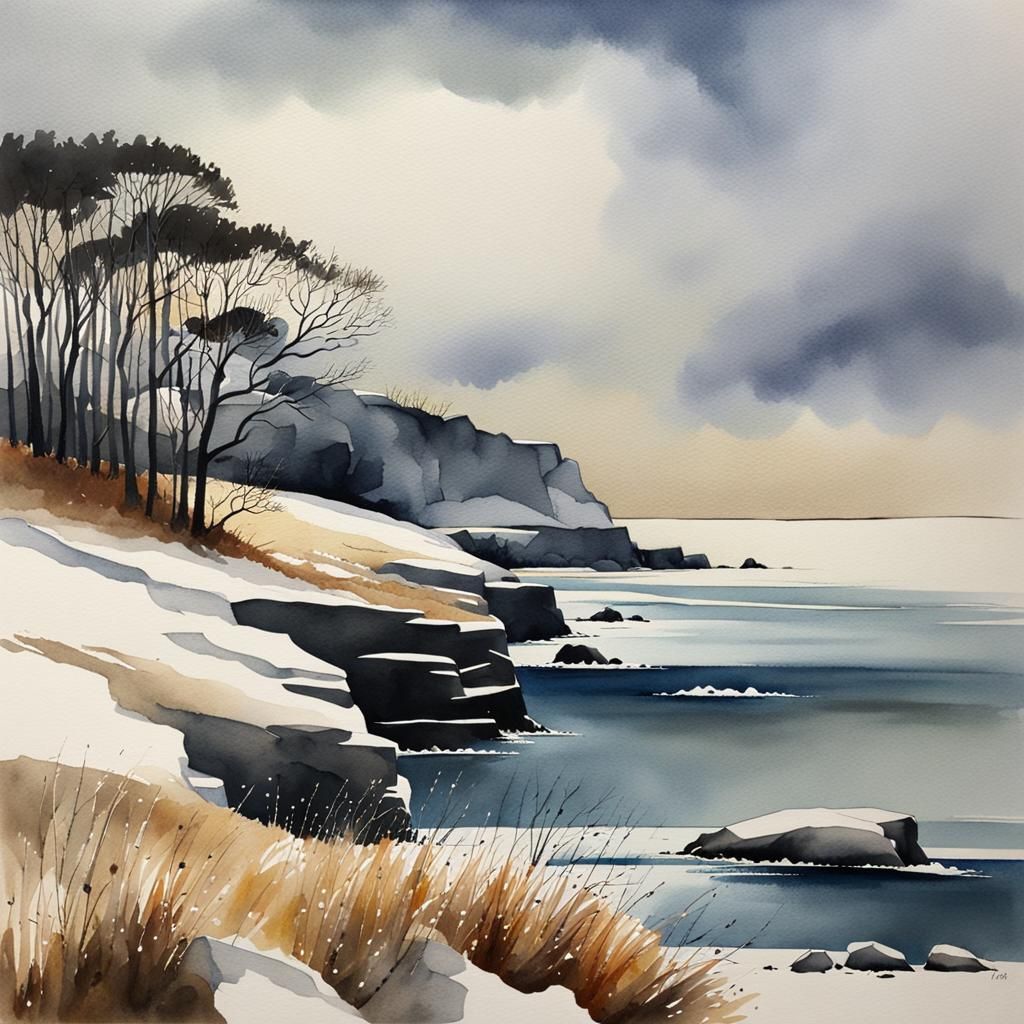Wonky Watercolor Winter Coastal Landscape