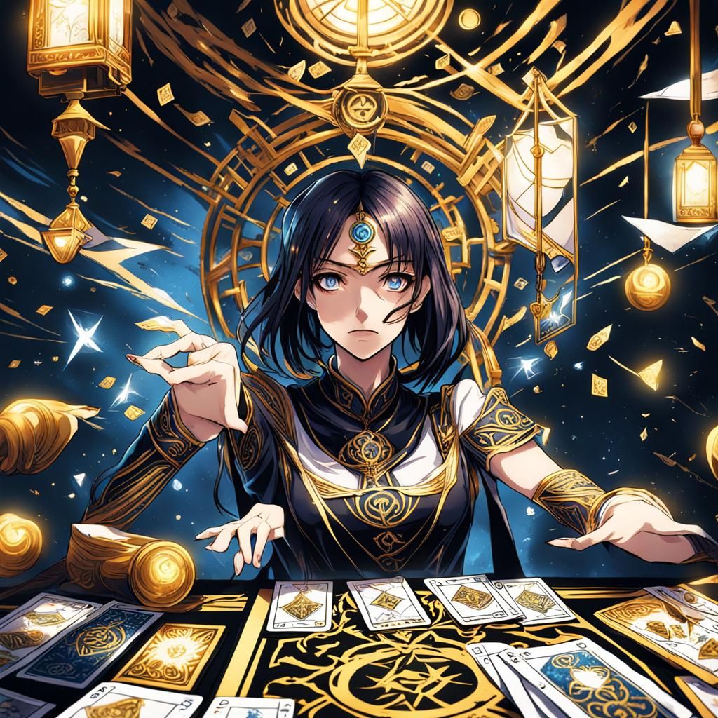 young woman is handling tarot cards, with a (captive look ey...