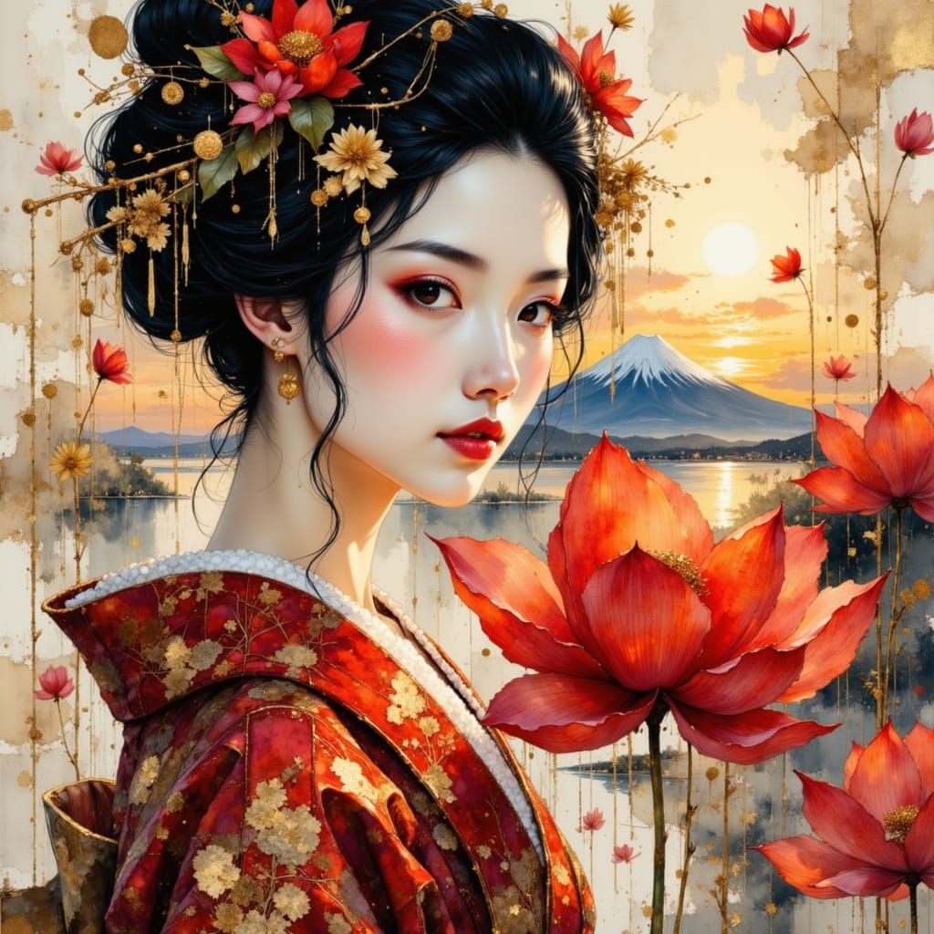 Geisha in shades of red and gold