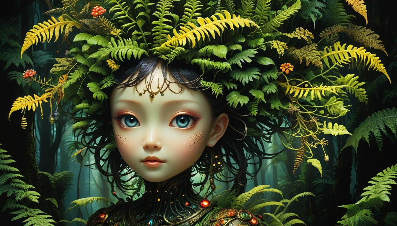 Fairy Merging with Biomechanical Fern in Vibrant Forest