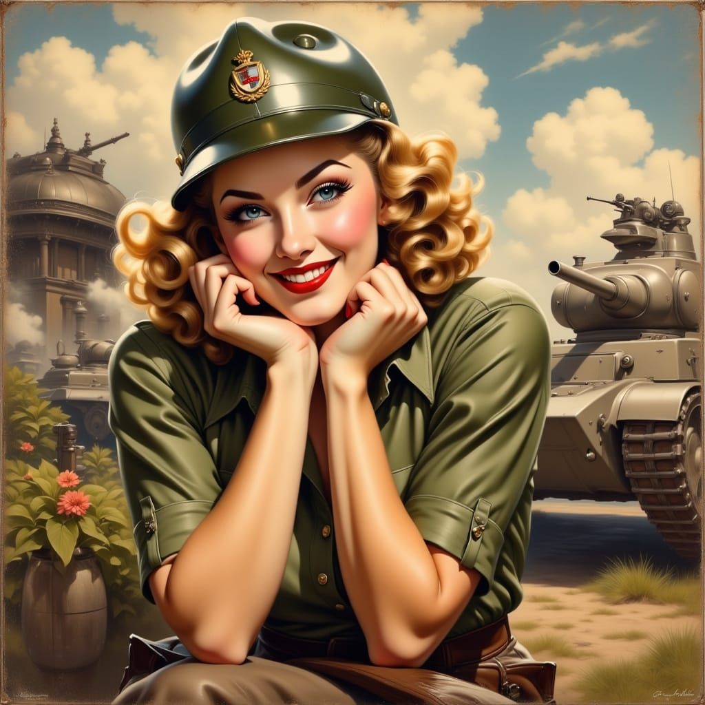 Vintage Pin-Up Girl in Military Style
