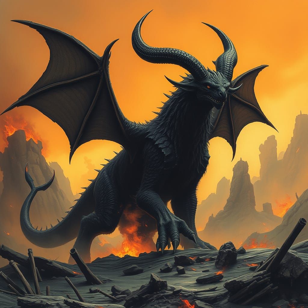 Dark Fantasy Behemoth in Smoldering Ruins
