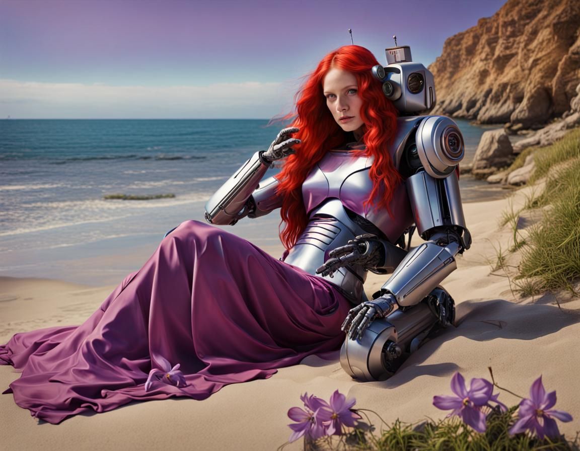 Cyborg Woman Relaxing on Columbine Flower Beach