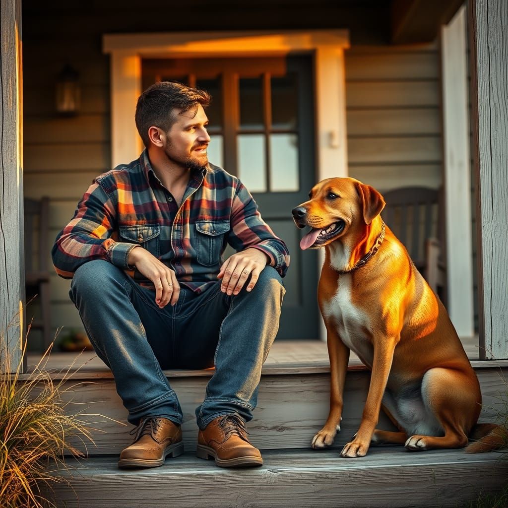 Affectionate Man and Dog in Golden Light