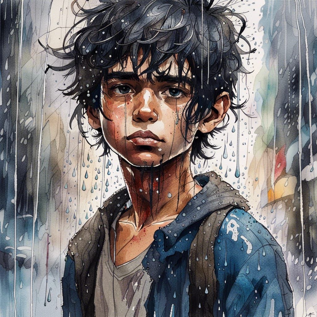Boy in Rain, Detailed Watercolor Illustration
