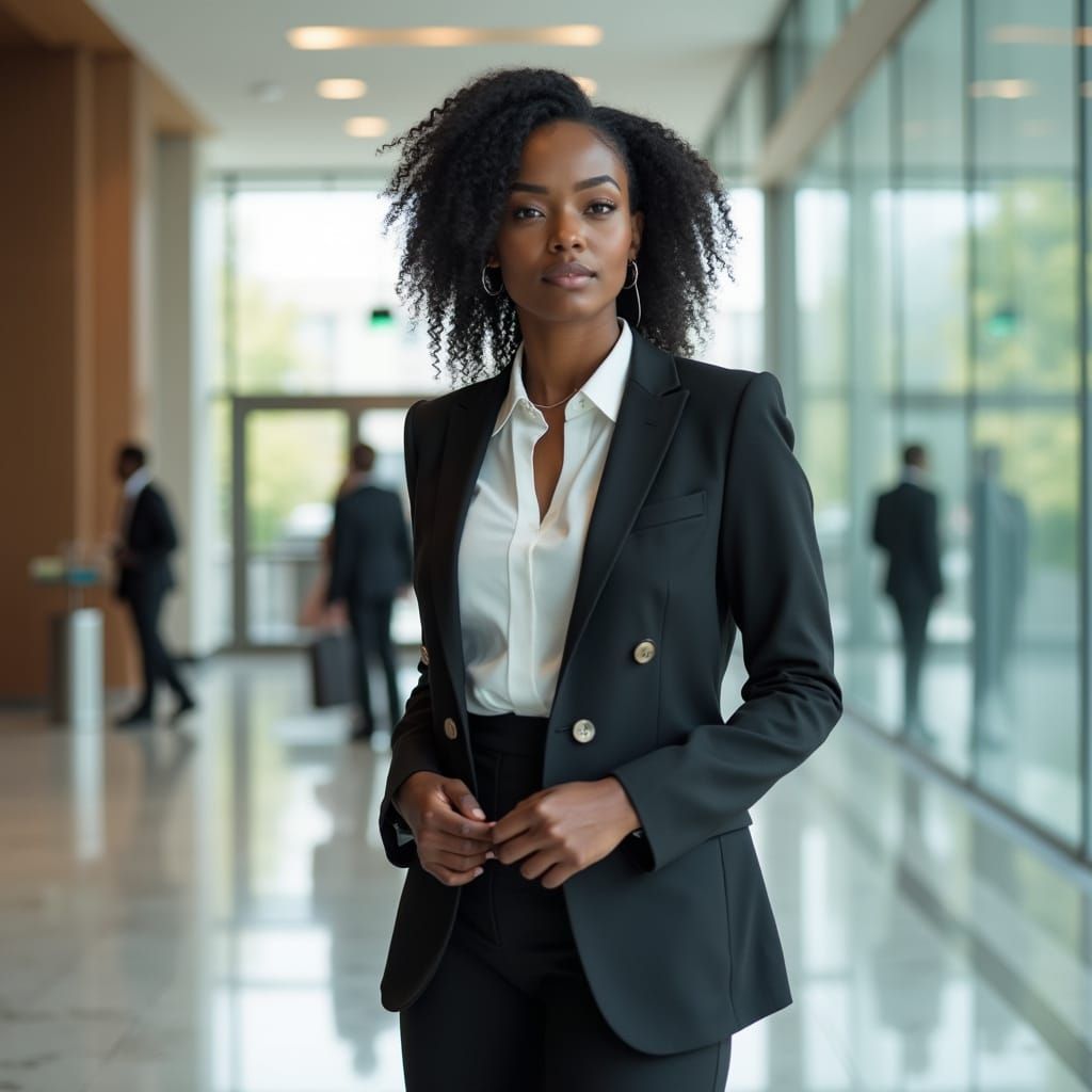 Professional Woman in Office Lobby: Hyperrealistic Portrait