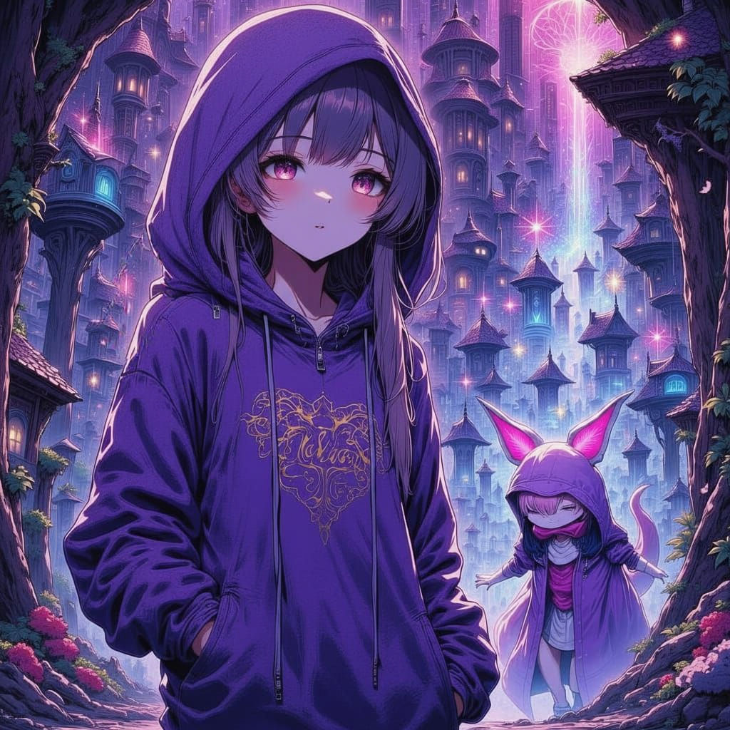 80s Anime Girl in Purple Hoodie with Evil Mascot