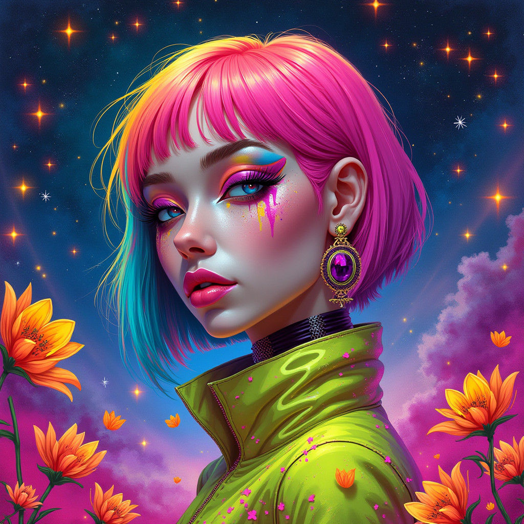 Futuristic Woman in Cosmic Neon Graffiti Style