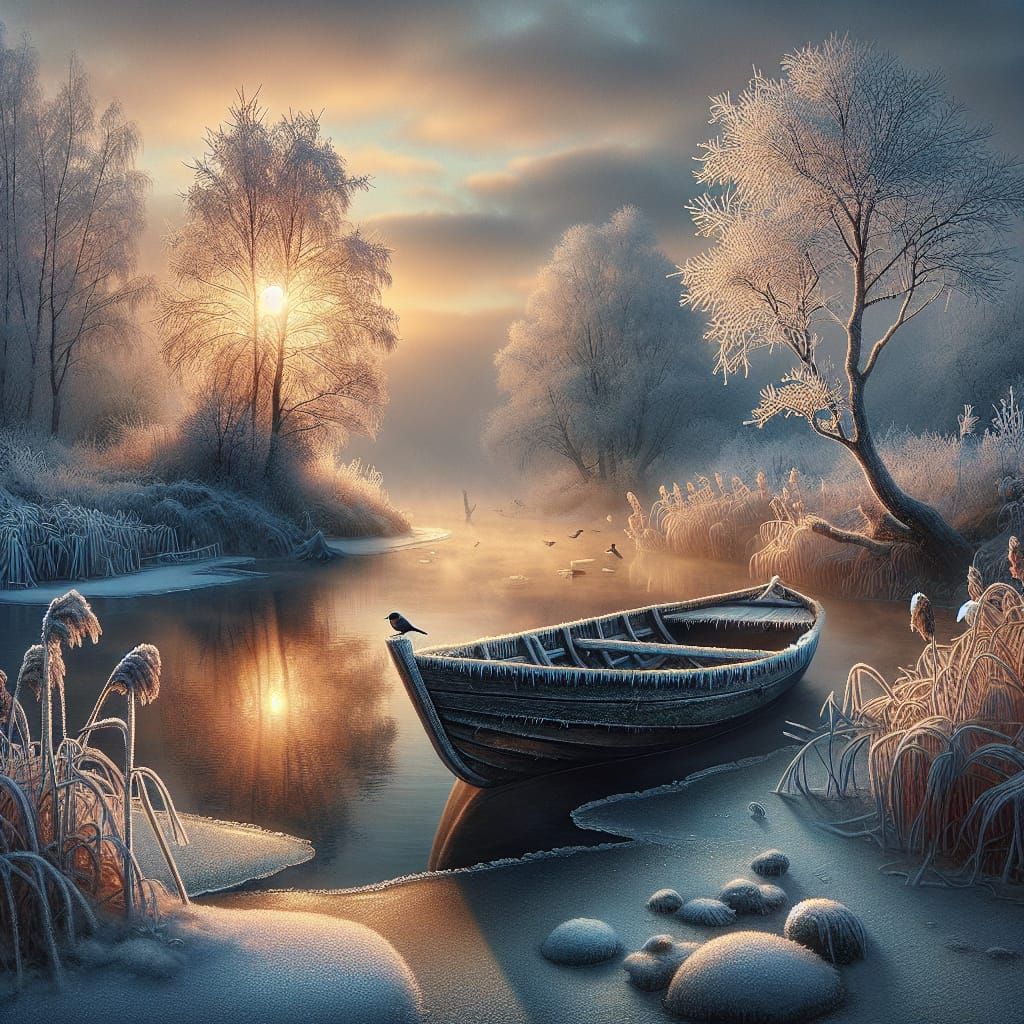 Serene Winter Landscape with Frosty Boat on Quiet River