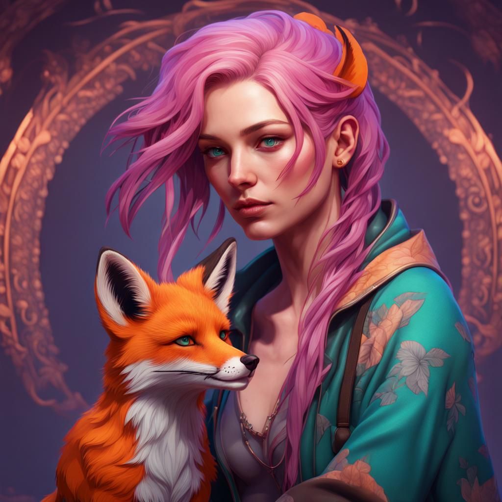 Woman with Fox: Hyperdetailed Art Nouveau Portrait