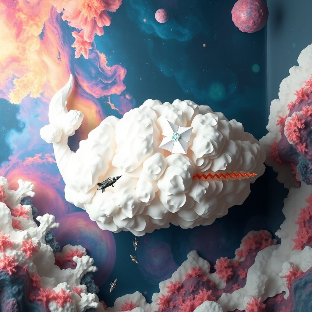 Sentient Cloud Leviathan in Coral Nebula, Papercraft Style