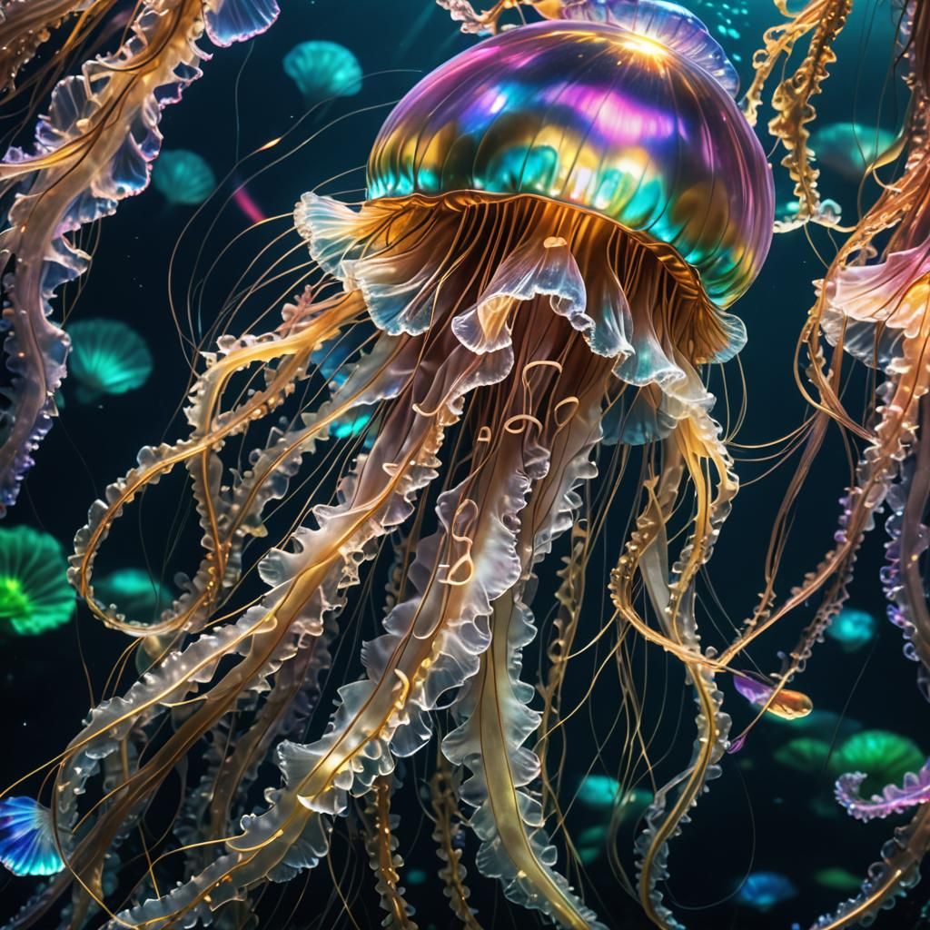 Bioluminescent Jellyfish and Mermaid in Iridescent Underwate...