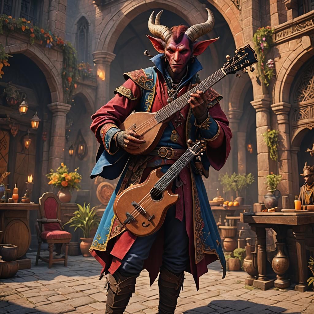 Tiefling Bard with Lute: Fantasy Concept Art