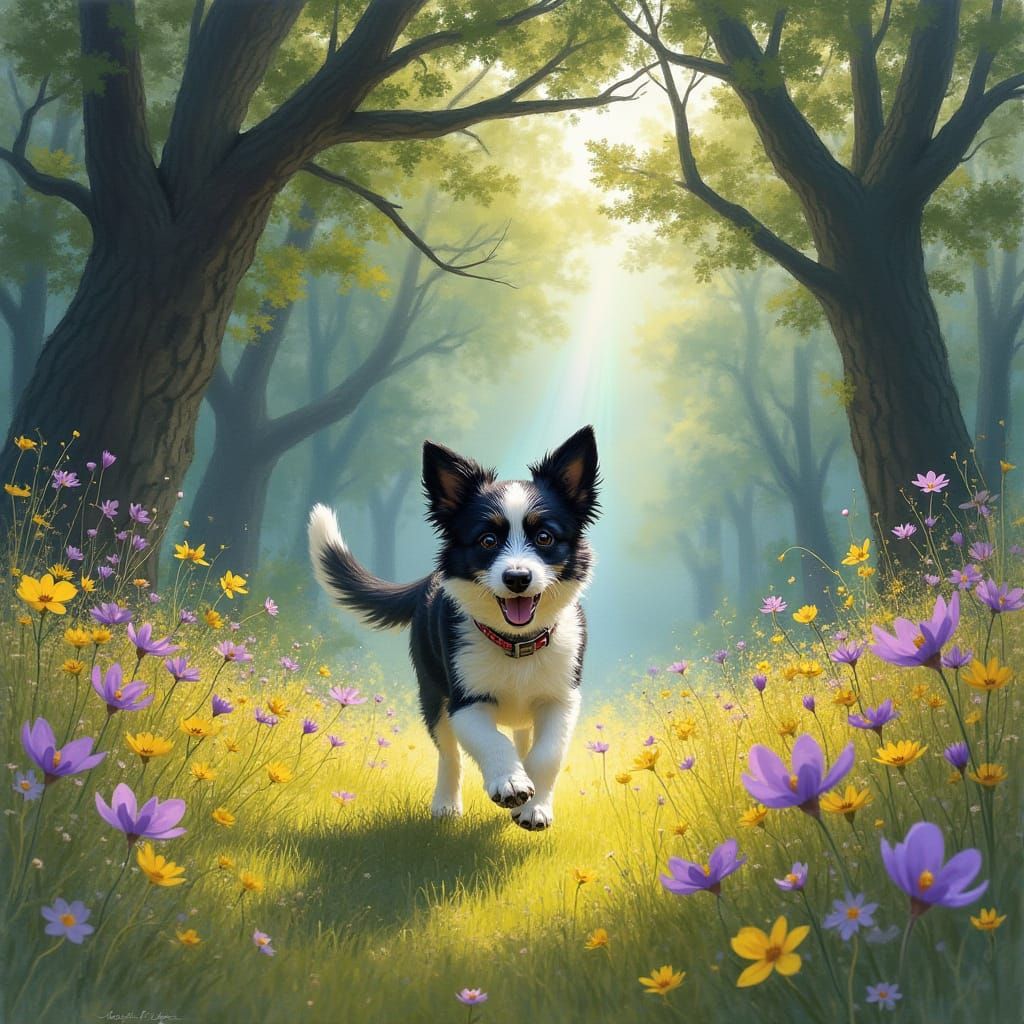 Dog's Joyful Run Through Vibrant Forest