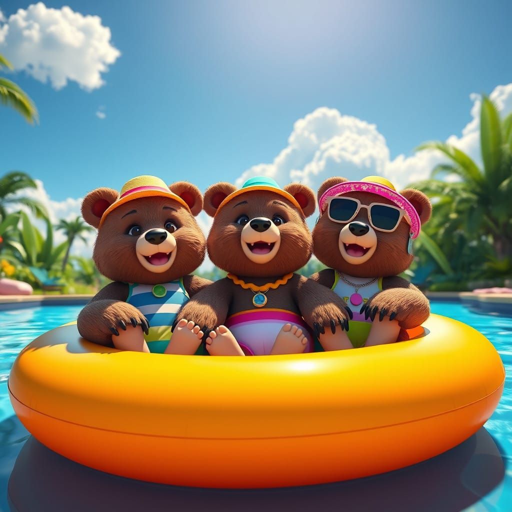 Adorable Bears Relax on Vibrant Floatie in Serene Summer Sce...