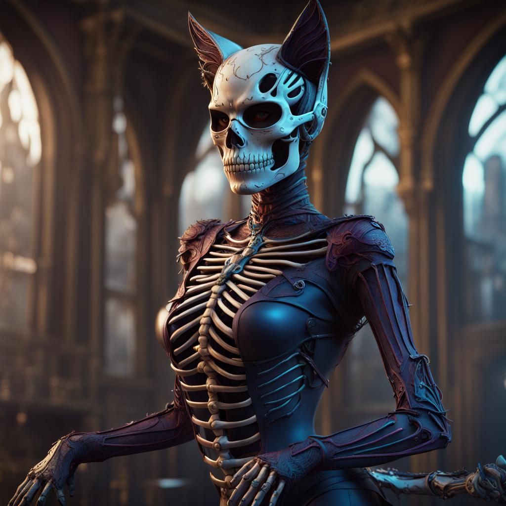 Cat Woman Skeleton: Detailed Fantasy Art