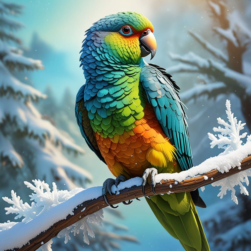 Broad-Tailed Parrot on Snowy Branch in Winter Wonderland